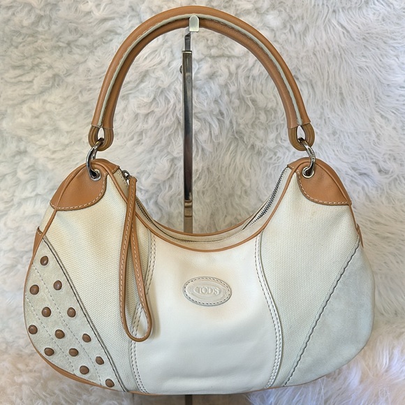 EUC TODS leather suede & canvas hobo shoulder bag - Picture 2 of 15